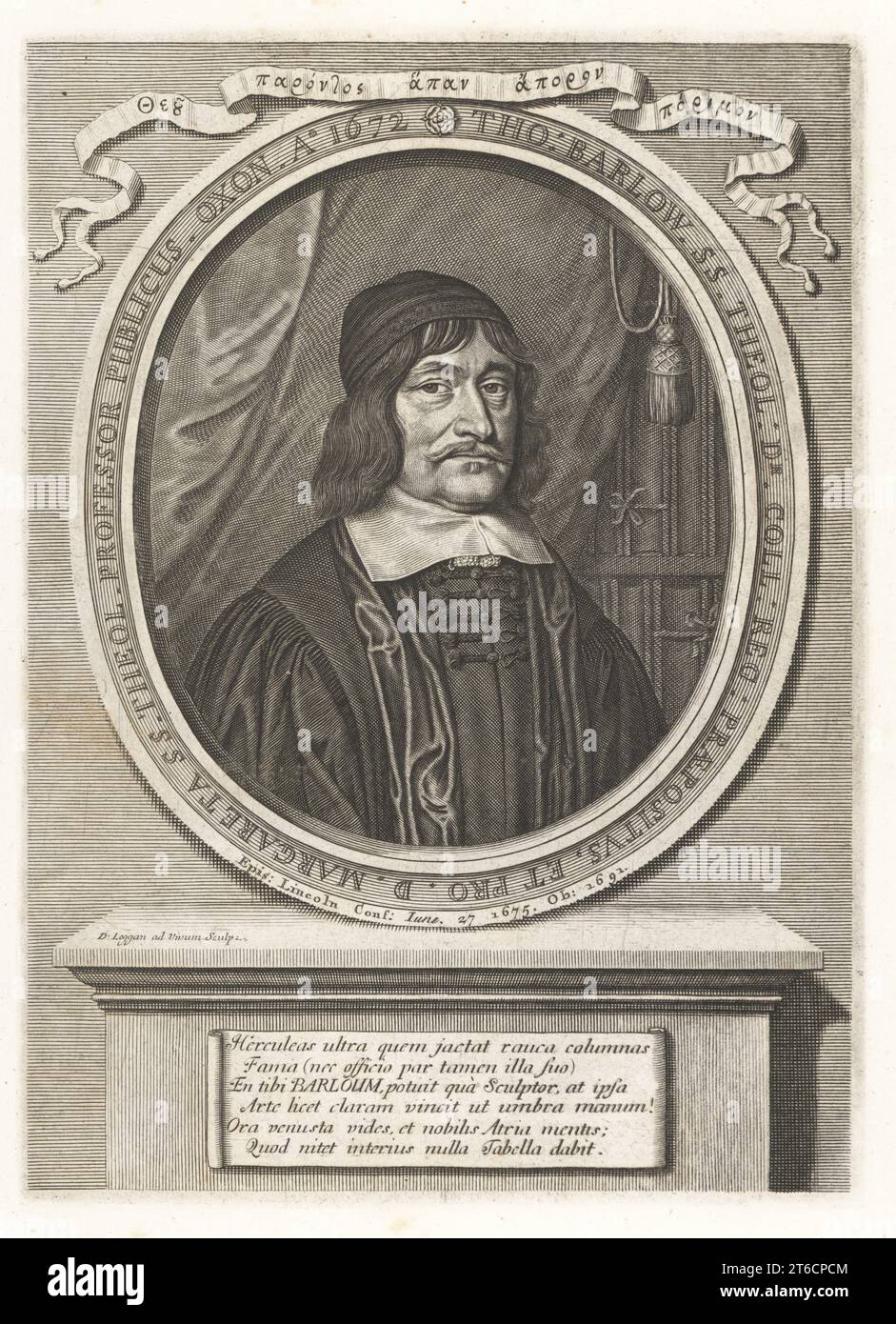 Thomas Barlow, vers 1607-1691, universitaire et pasteur anglais, prévôt du Queen's College, Oxford, et évêque de Lincoln. En casquette et robes ecclésiastiques. Gravure sur cuivre d'après une image de la vie de David Loggan de Samuel Woodburns Gallery of rare Portraits consistant en plaques originales, George Jones, 102 St Martins Lane, Londres, 1816. Banque D'Images