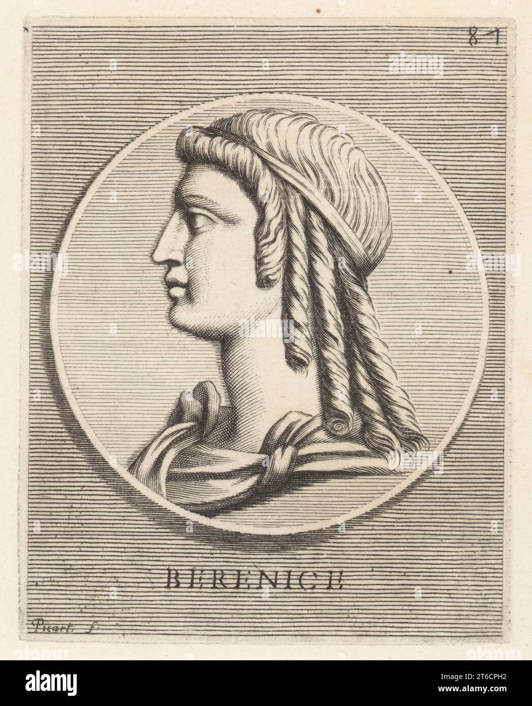 Bérénice Ier, c. 340-268 av. J.-C., reine d'Égypte par mariage avec Ptolémée Ier Soter. Deuxième reine, après Eurydice, de la dynastie ptolémaïque d'Égypte. Portant ses cheveux en anneaux sous un diadème royal d'une médaille de bronze. Berenice. Gravure sur cuivre d'Etienne Picart d'après Giovanni Angelo Canini de Iconografia, cioe disegni d'imagini de famosissimi monarchi, regi, filososi, poeti ed oratori dell' Antichita, dessins d'images de monarques célèbres, rois, philosophes, poètes et orateurs de l'Antiquité, Ignatio deLazari, Rome, 1699. Banque D'Images