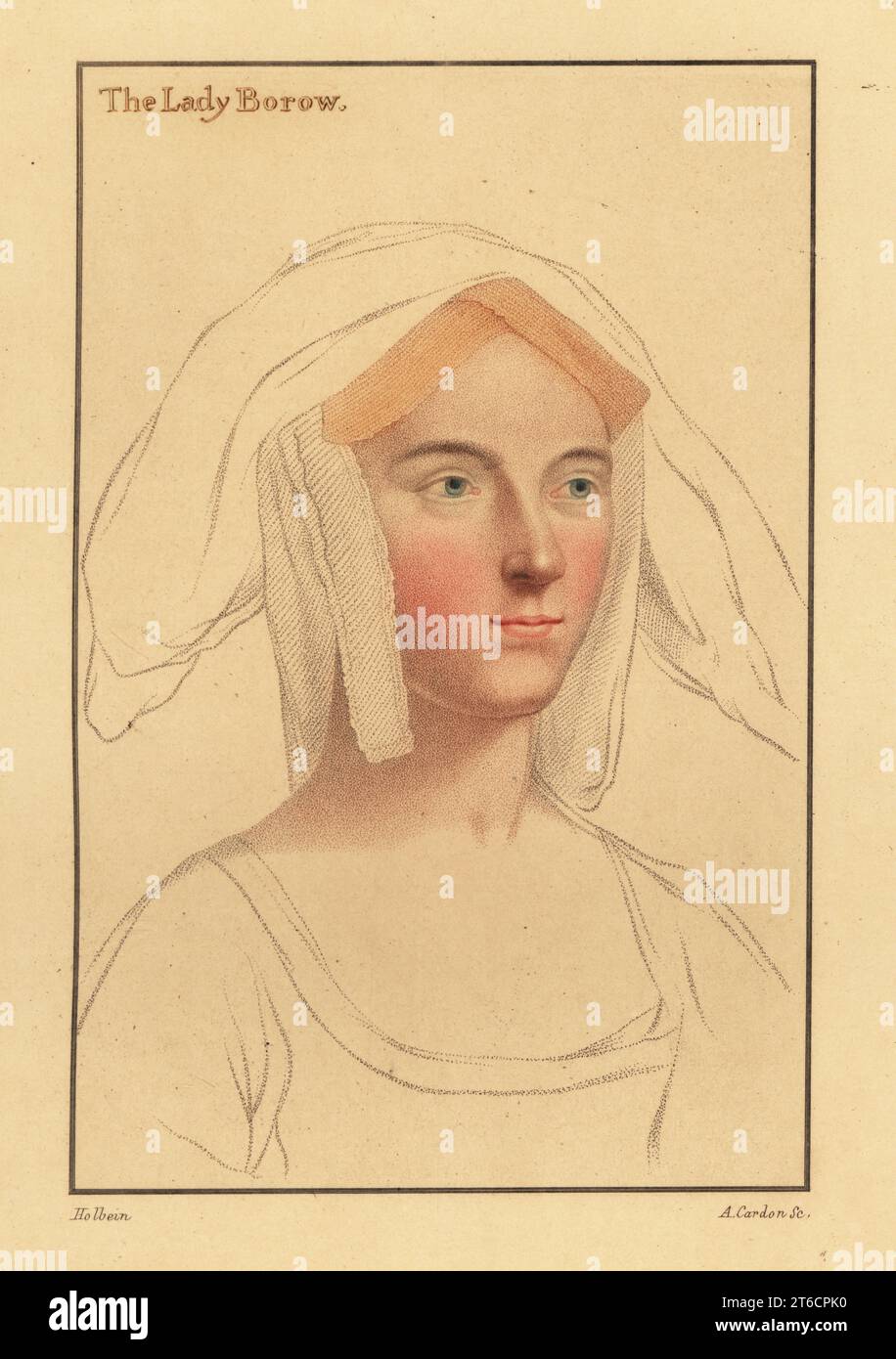 Alice London, deuxième épouse de Lord Thomas Burgh, courtier du Prince Edward. Ou Catherine Clifton, plus tard Lady Borough (Lady Borow), épouse de William Lord Borough, deuxième fille d'Edward Clifton, comte de Lincoln. Ou Catherine Parr, 1512-1548, reine d'Angleterre comme dernière femme du roi Henri VIII Gravure à l'effigie d'Anthony Cardon sur une plaque de coperplate de couleur main après un portrait de Hans Holbein le plus jeune à partir d'imitations de dessins originaux de Hans Holbein, John Chamberlaine, Londres, 1812. Banque D'Images