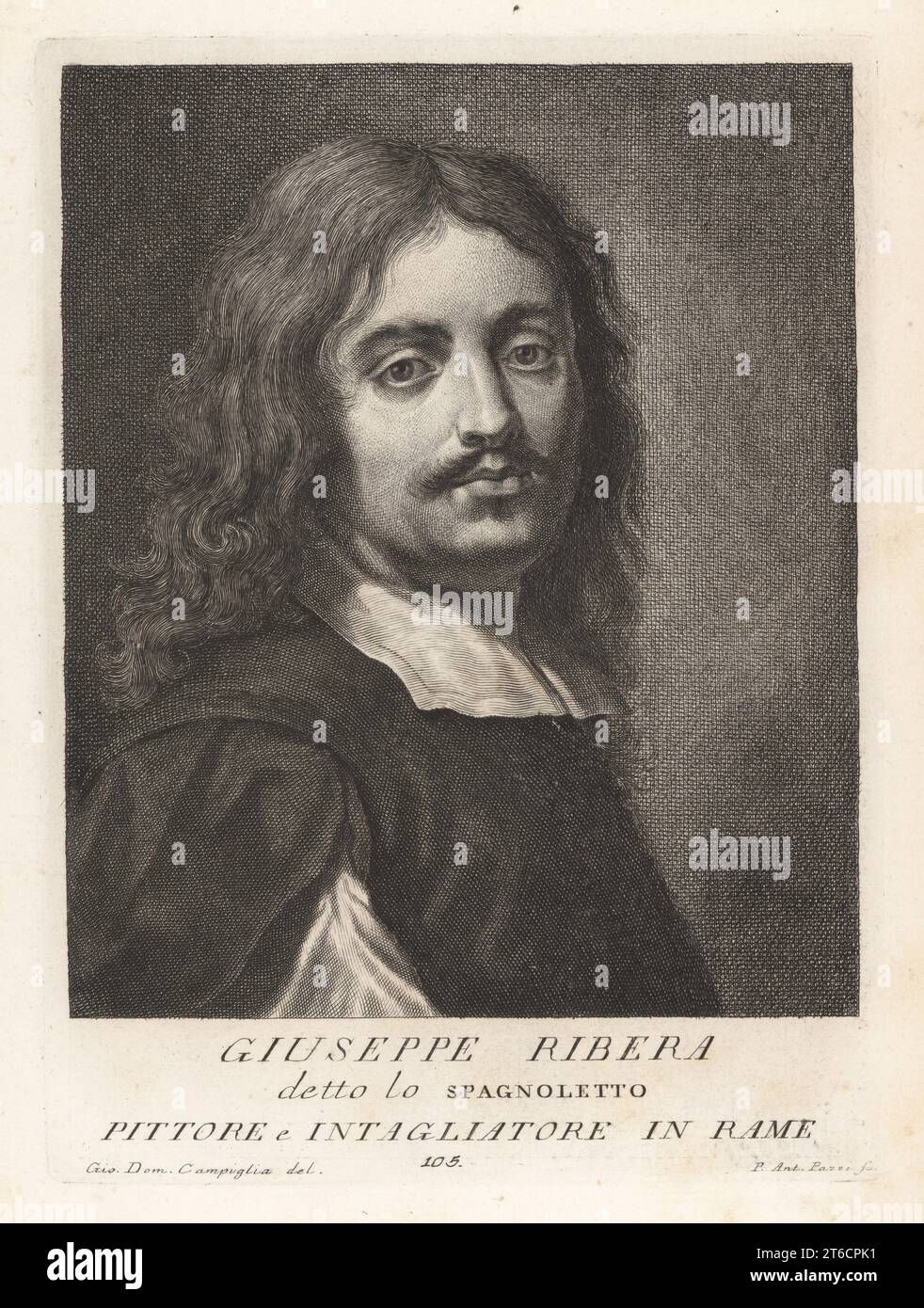 Luca Giordano, peintre et graveur italien de fin-baroque, 1634-1705. Identifié par Nicola Spinosa en 2006. (Sous le nom de Giuseppe de Ribera ou José de Ribera, peintre et graveur, connu sous le nom de lo Spagnoletto.) Gravure sur plaque de coperplate par Pietro Antonio Pazzi d'après Giovanni Domenico Campiglia après un autoportrait par l'artiste du Museo Florentino de Francesco Moucke, Serie di Ritratti de Pittori (série de Portraits de Peintres) stampia Mouckiana, Florence, 1752-62. Banque D'Images