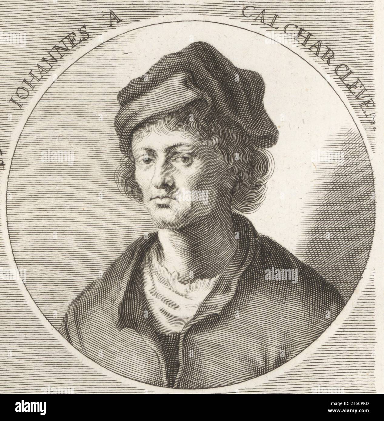Jan Steven van Calcar, peintre et bûcheron d'origine allemande du duché de Clèves, a travaillé à Venise et Naples, en Italie, vers 1499-1546. Accrédité avec les gravures sur bois d'art anatomique dans la Fabrica de Vesalius. Aussi connu sous le nom de Giovanni da Calcar ou Ioannes Stephanus Calcarensis. Johannes A Calchar Cleven. Gravure sur cuivre de Philipp Kilian d'après une illustration de Joachim von Sandrart de son LAcademia Todesca, della Architectura, Scultura & Pittura, oder Teutsche Academie, der Edlen Bau- Bild- und Mahlerey-Kunste, Académie allemande d'architecture, de sculpture et de peinture, Jacob von Sandrart, Nuremberg, Banque D'Images