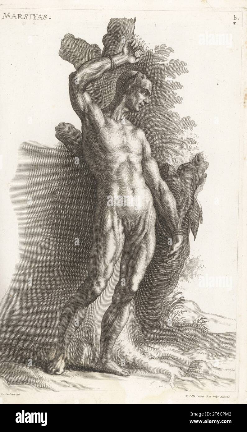 Marsyas, avec des oreilles pointues et des cornes, est attaché à un arbre pour être foulé vivant. Dans le mythe grec, le satyre Marsyas défia Apollon à un concours de musique et fut écorché vivant pour avoir perdu. D'après une sculpture de la Galleria Giustiniana. Marsiyas. Gravure sur cuivre de Richard Collin d'après une illustration de Joachim von Sandrart tirée de sa LAcademia Todesca, della Architectura, Scultura & Pittura, oder Teutsche Academie, der Edlen Bau- Bild- und Mahlerey-Kunste, Académie allemande d'architecture, de sculpture et de peinture, Jacob von Sandrart, Nuremberg, 1675. Banque D'Images