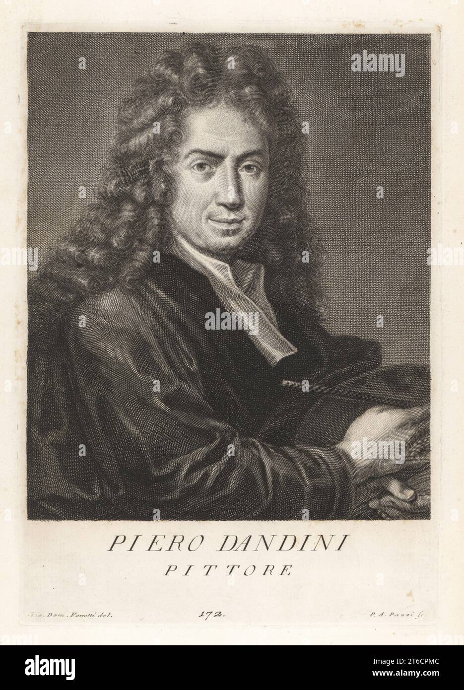 Pietro Dandini, peintre italien de la période baroque, principalement actif à Florence, 1646-1712. Représenté avec palette et pinceau. Pittore. Gravure sur plaque de coperplate par Pietro Antonio Pazzi d'après Giovanni Domenico Campiglia après un autoportrait par l'artiste du Museo Florentino de Francesco Moucke, Serie di Ritratti de Pittori (série de Portraits de Peintres) stampia Mouckiana, Florence, 1752-62. Banque D'Images