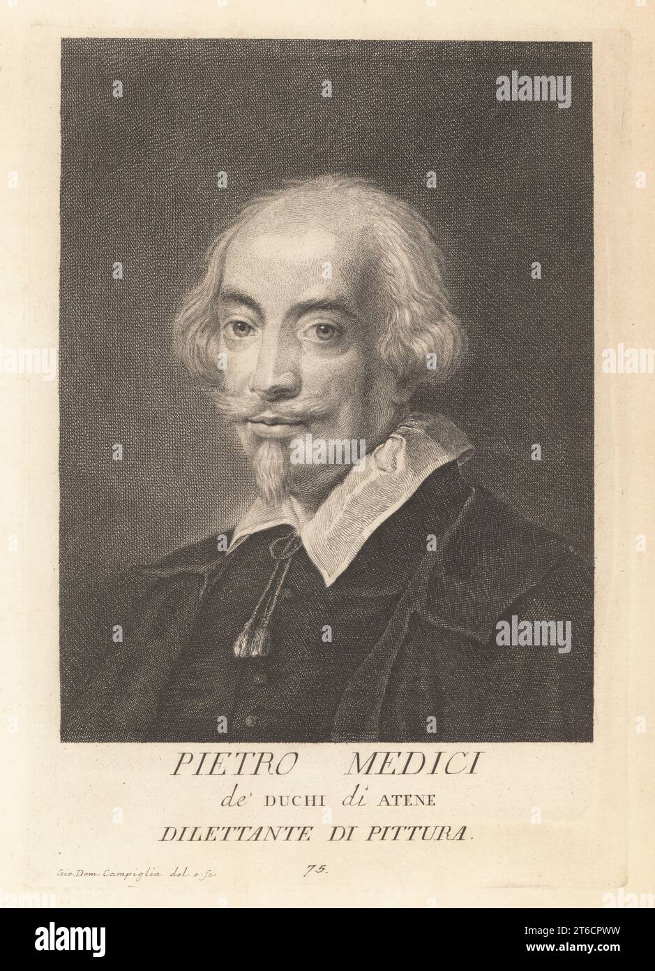 Pierre de Médicis, peintre dilettante du duché d'Athènes, 1567-1648. Pietro Medici de Duchi di Atene, dilettante di Pittura. Copperplate dessinée et gravée par Giovanni Domenico Campiglia après un autoportrait de l'artiste du Museo Florentino de Francesco Moucke, série di Ritratti de Pittori (série de Portraits de Peintres) stampia Mouckiana, Florence, 1752-62. Banque D'Images