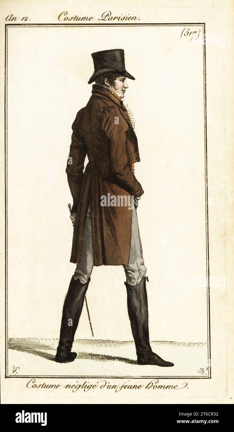 Dandy français en costume décontracté, Paris, 1804. Il porte un chapeau haut de gamme, une cravate, un blouson, un gilet, une culotte et des bottes. Costume négligé d'un jeune homme. Gravure sur cuivre coloriée à la main par Pierre-Charles Baquoy d'après Carle Vernet de Pierre de la Mesangeres Journal des Dames et des modes, Magazine des femmes et de la mode, Paris, an 12, 1804. Banque D'Images