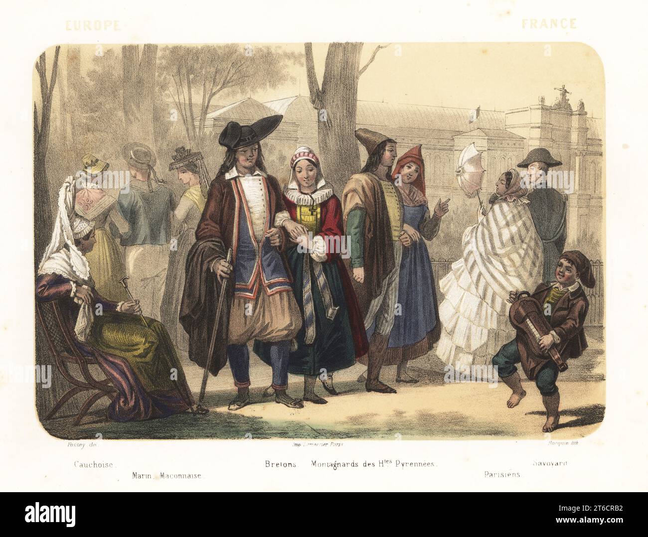 Français se promenant dans un parc parisien, 1858. Femme de Caux en haut bonnet en dentelle, marin de Macon, couple de Bretagne en culottes et col ruffé, couple des montagnes des Hautes Pyrénées, couple parisien à la mode et jeune Savoyard jouant d'une hurdygourde. Cauchoise, marin Maconnaise, Bretons, montagnards des Hautes Pyrénées, Parisiens, Savoyard. Lithographie teintée à la main et sépia de Jean-Adolphe Bocquin d'après une illustration de Felix Fossey d'Elisabeth Muller (pseudonyme de Léonie Bedelet) dans le monde en estampes, le monde en estampes, Amadee Bedelet, Paris, 1858. Banque D'Images