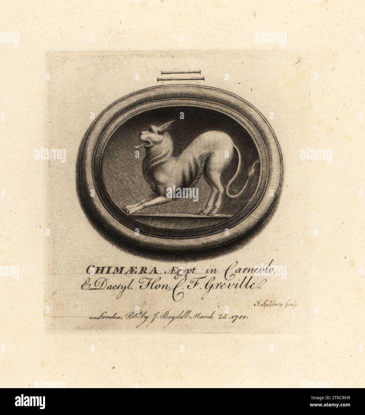 Chimère égyptienne avec tête de lion, corps de chèvre et queue de dragon. Sur cornélien et dactylotheca. De la collection de l'antiquaire Charles Francis Greville. Chimera Aegypt dans Carneolo & Dactyl. Mezzotint gravure de plaques de copperplate par John Spilsbury de sa Collection de Fifty Prints de Antique Gems, John Boydell, Londres, 1785. Banque D'Images