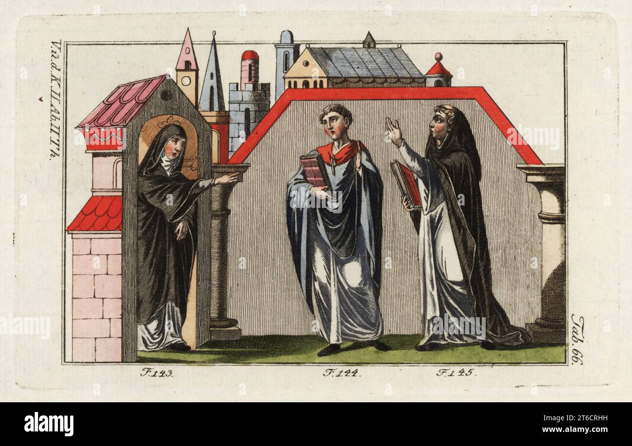Abbesse, prêtre et moine de Capuchin dans une ville fortifiée du XIIe siècle. L'Abbess porte une longue tunique à capuche à manches longues, probablement en lin. En dessous se trouve une robe noire de la même longueur que la tunique 143. Le prêtre est habillé dans l'habitude de chœur et tient une bible 144, le moine tient un livre dans une main et indique le ciel 145. Gravure en coperplate de couleur main de la photo historique de Robert von Spalart des costumes du peuple principal de l'Antiquité et du Moyen-âge, Vienne, 1802. Banque D'Images