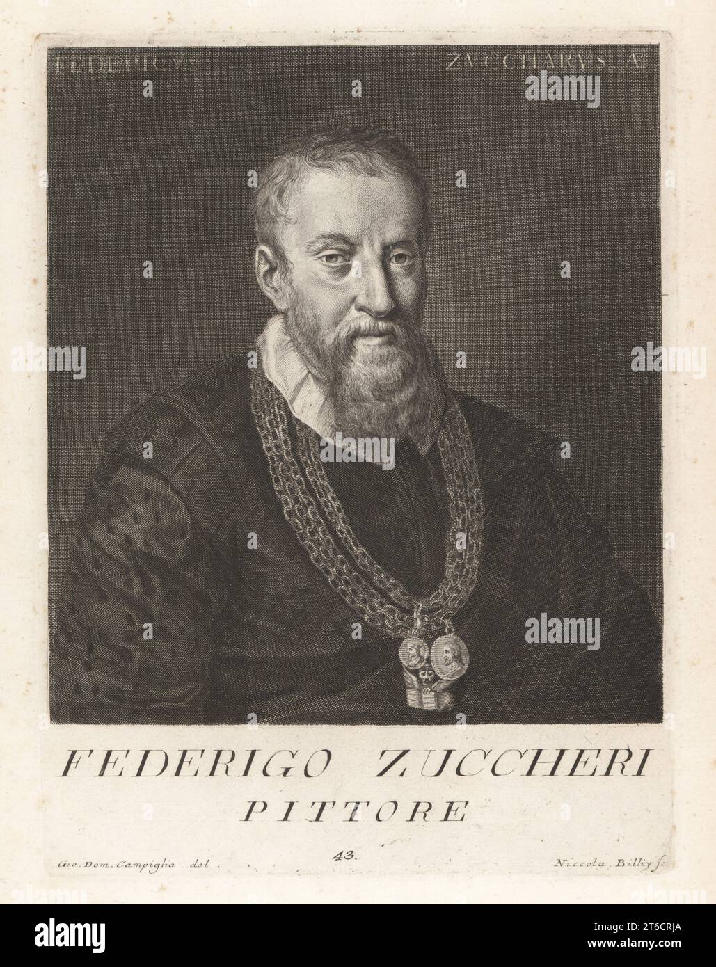 Federico Zuccaro, aussi connu sous le nom de Federigo Zuccari, peintre maniériste italien, 1542-1609. Frère cadet de Taddeo Zuccaro. A travaillé à Florence, Paris, Anvers et Hampton court. Portant des chaînes d'or et des médailles de St Carlo Borromeo et Philippe II Federigo Zuccheri, Pittore. Gravure sur cuivre de Niccolo Billy d'après Giovanni Domenico Campiglia d'après un portrait attribué au miniaturiste Fede Galizia du Museo Florentino de Francesco Moucke, Serie di Ritratti de Pittori (série de portraits de peintres) stamperia Mouckiana, Florence, 1752-62. Banque D'Images