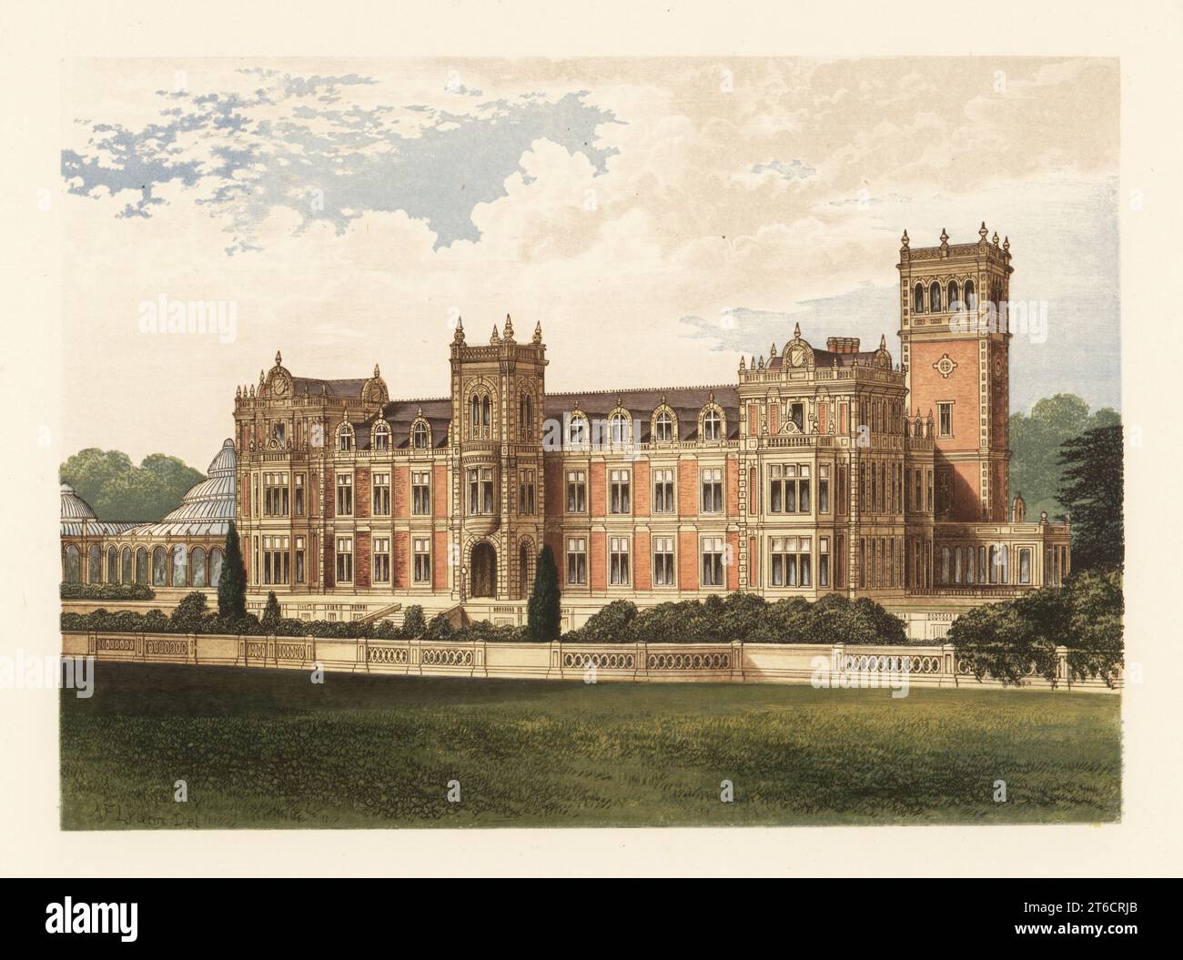 Somerleyton, Suffolk, Angleterre. Manoir anglo-italien de style élisabéthain en briques rouges construit dans les années 1840 par l'architecte John Thomas, horloge par Benjamin Vulliamy, jardins aménagés par William Andrews Nesfield, serre par Sir Joseph Paxton. Construit pour Sir Morton Peto. Banque D'Images