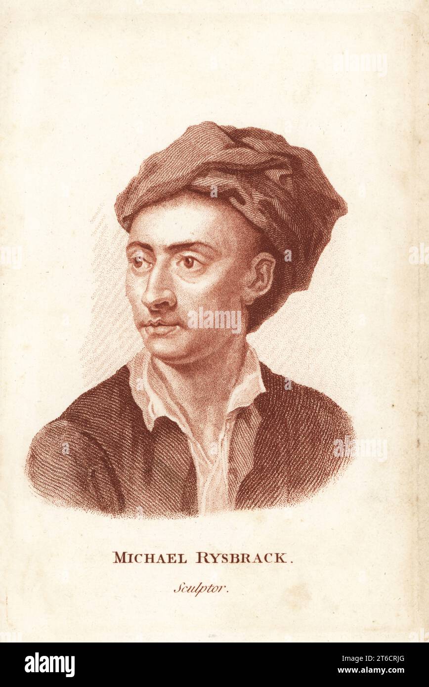 John Michael Rysbrack, Jan Michiel Rijsbrack, sculpteur baroque flamand, en turban et manteau, 1694-1770. Gravure sur stipple sur cuivre d'après un portrait de John Vanderbank de Francis Fitzgeralds The Artists Repository and Drawing Magazine, Charles Taylor, Londres, 1785. Banque D'Images