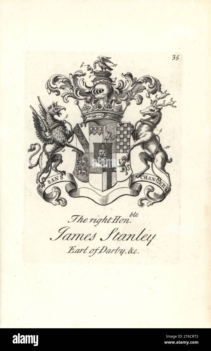 Armoiries et écusson du très honorable James Stanley, 10ème début de Darby, 1664-1736. Gravure de Copperplate par Andrew Johnston après C. Gardiner de Notitia Anglicana, Shwing leurs réalisations de toute la Noblesse anglaise, Andrew Johnson, The Strand, Londres, 1724. Banque D'Images