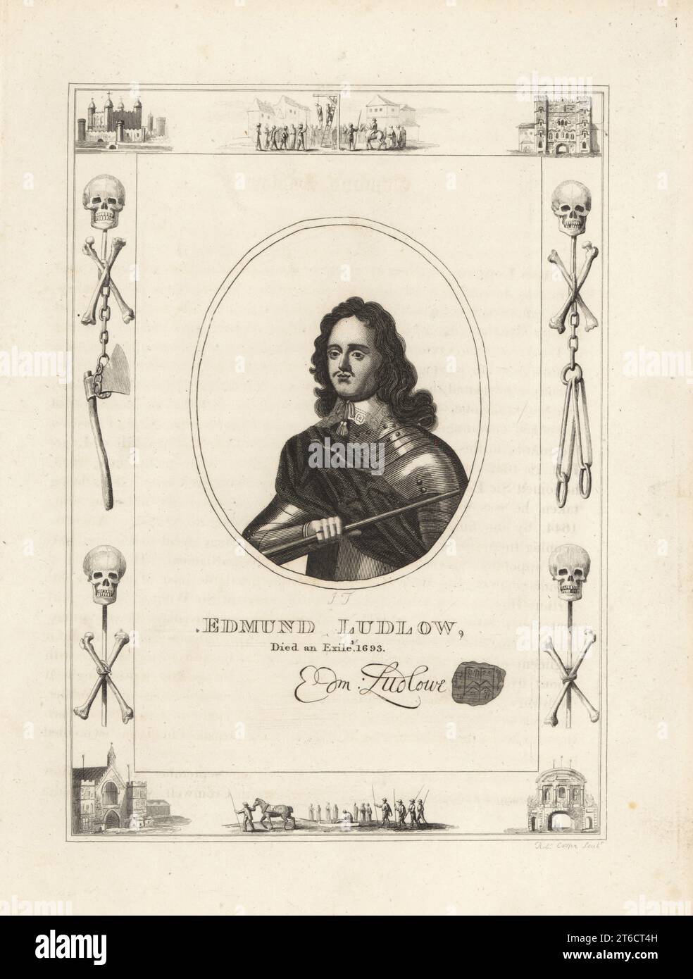 Edmund Ludlow, mort en exil en 1693. Parlementaire anglais général, c.1617-1692, l'un des régicides du roi Charles Ier Avec son autographe et son sceau. Dans un cadre décoré de vignettes de crâne et de croix, de chaînes et de hache de bourreaux, un homme suspendu à un gibet à Tyburn, un condamné sur un traîneau, la Tour de Londres, la prison de Newgate. Gravure sur cuivre de Robert Cooper, portrait gravé par JT, de James Caulfields, High court of Justice, Londres, 1820. Banque D'Images