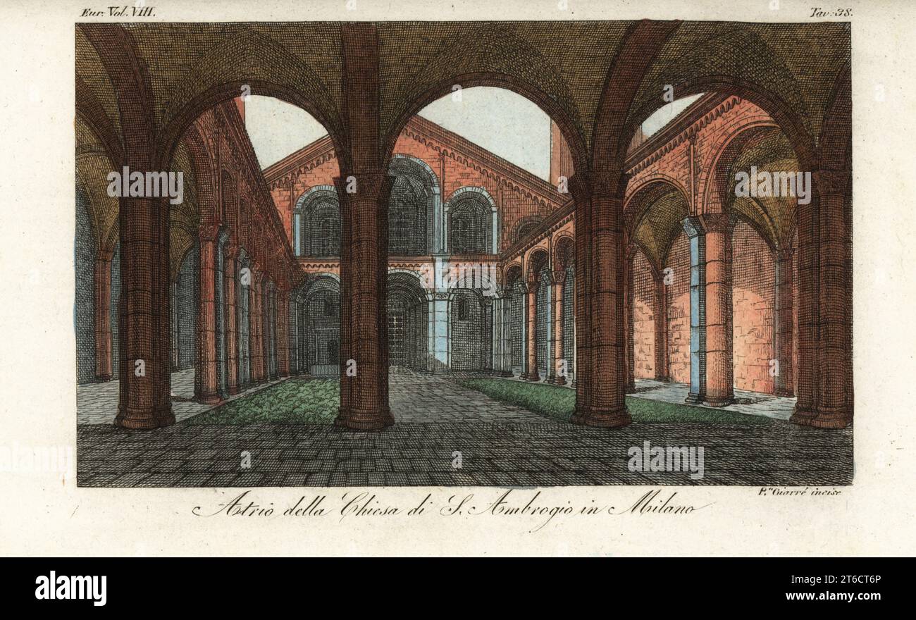 Atrium de la Basilique di SantAmbrogio, Milan, années 1800 Construit par Saint Ambroise au 4e siècle. Architecture romane. Trio della Chiesa di S. Ambrogio à Milan. Gravure sur cuivre colorée à la main par Pietro Giarre de Giulio Ferrarios costumes ancien et moderne des peuples du monde, il Costume Antico e Moderno, Florence, 1844. Banque D'Images