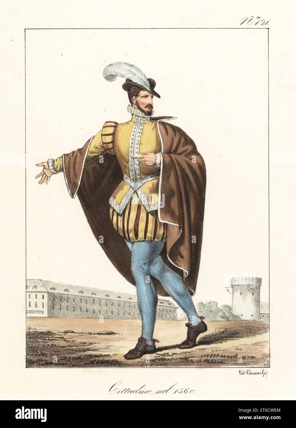 Costume d'un gentleman bourgeois français, 1560. En casquette à plomb, cape, doublet, culottes entaillées, tuyau, chaussures. Bourgeois en 1560. Lithographie coloriée à la main de Lorenzo Bianchi d'après Hippolyte Lecomte de Costumi civili e militari della monarchia francese dal 1200 al 1820, Naples, 1825. Édition italienne des costumes civils et militaires Lecomtes de la monarchie française de 1200 à 1820. Banque D'Images