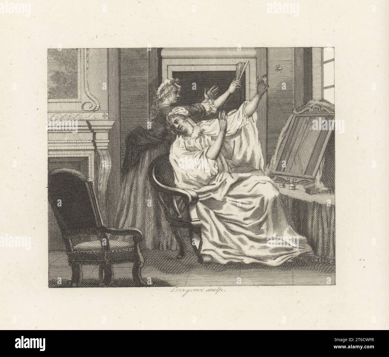 La Dame et la guêpe. Une femme âgée Doris à sa toilette devant un miroir. Sa femme de ménage Jenny dans le capot tente de swat une guêpe avec un ventilateur. Gravure sur plaque de coperplate par Lovegrove d'après une illustration de William Kent de Fables par John gay, avec a Life of the Author, John Stockdale, Londres, 1793. Banque D'Images