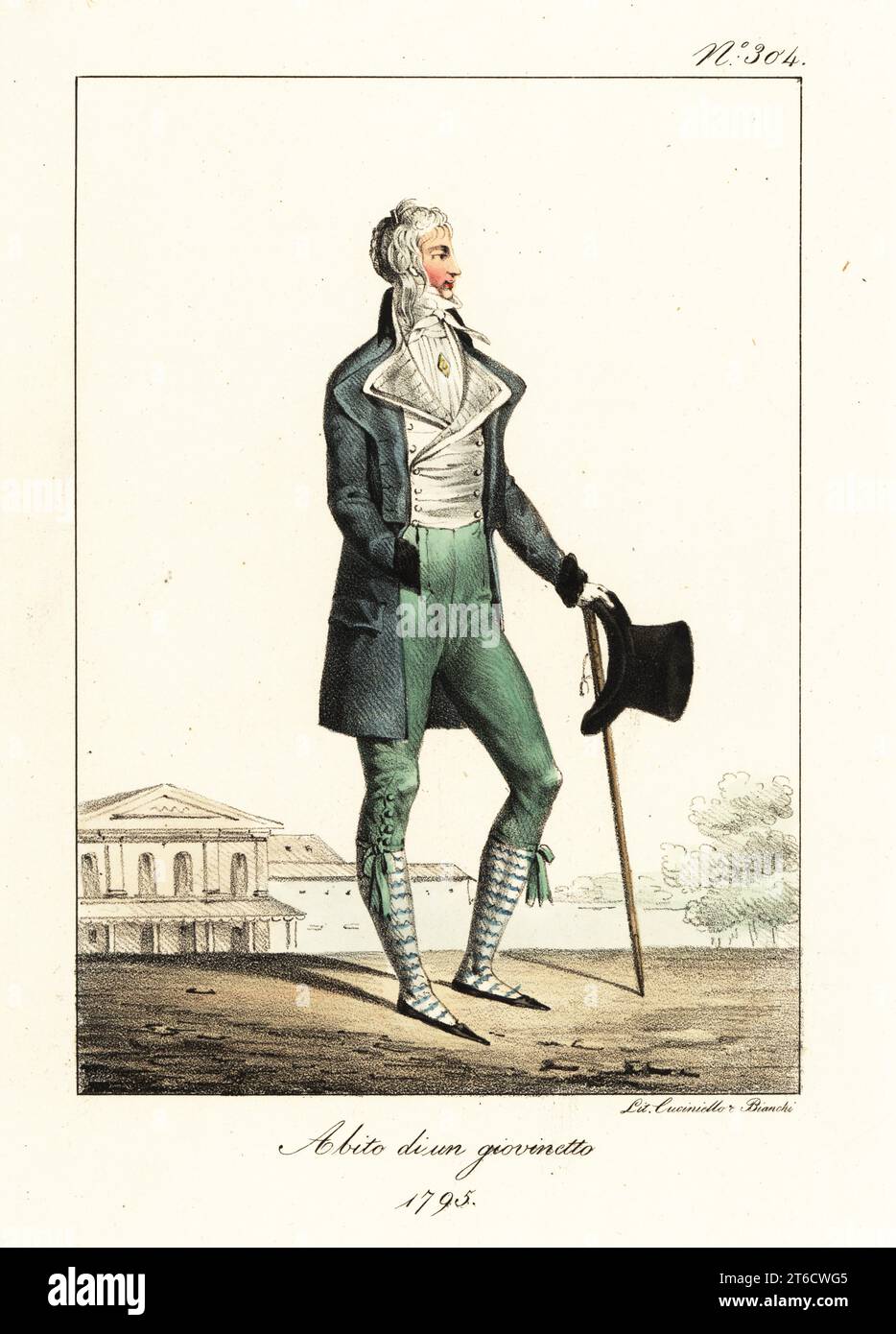 Dandy à la mode ou incroyable, époque du Directoire français, 1795. En court redingote, col haut et cravate, gilet rayé et tuyau, culottes vertes, tenant un chapeau haut de gamme et un câlin. Costume d'un jeune homme. 1795. Lithographie coloriée à la main de Lorenzo Bianchi et Domenico Cuciniello d ' après Hippolyte Lecomte de Costumi civili e militari della monarchia francese dal 1200 al 1820, Naples, 1825. Édition italienne des costumes civils et militaires Lecomtes de la monarchie française de 1200 à 1820. Banque D'Images