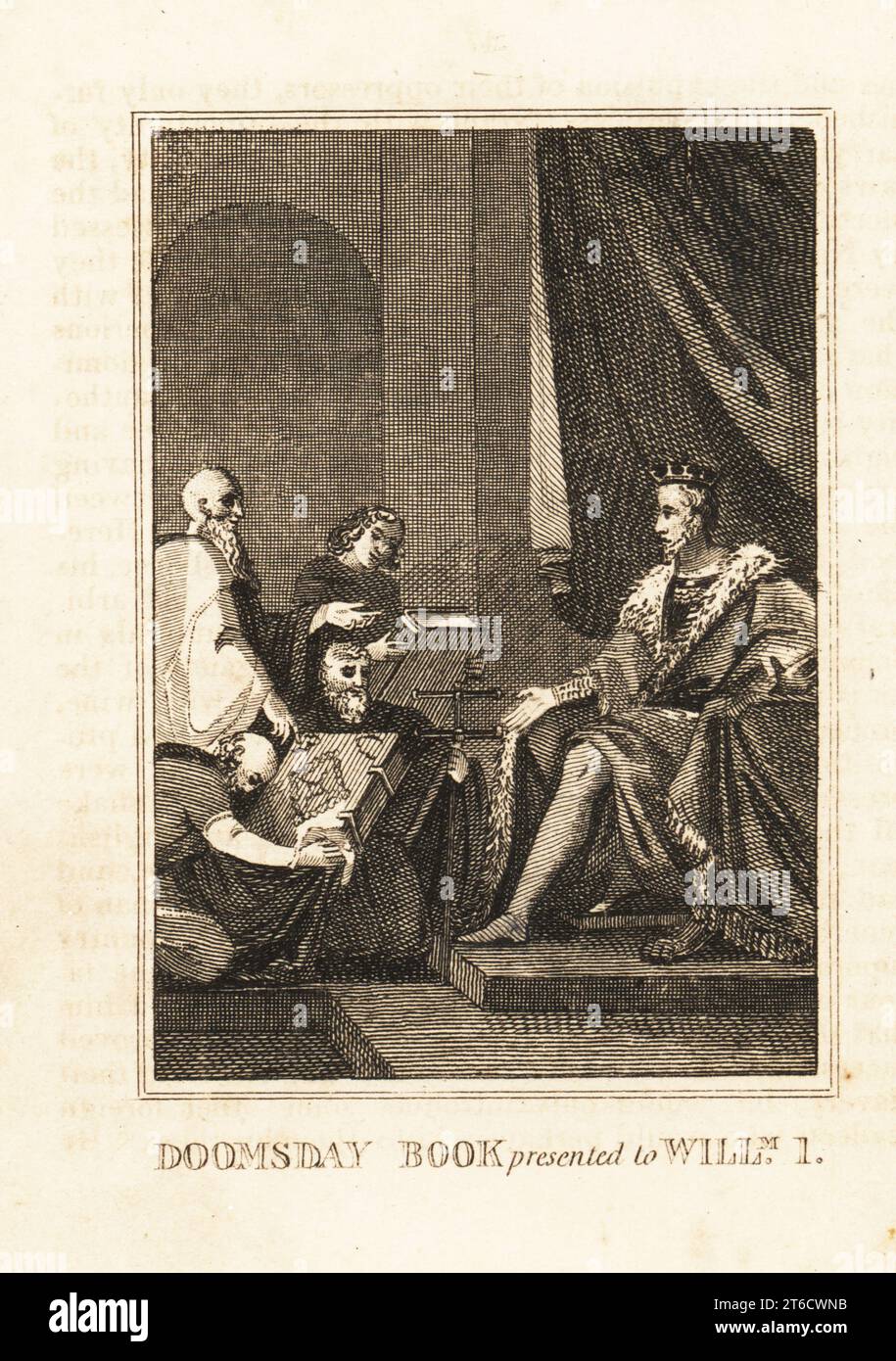 Le roi Guillaume Ier d'Angleterre reçoit le Domesday Book en 1086. Doomsday Book présenté à William I. Gravure sur cuivre de M. A. Jones Histoire de l'Angleterre de Jules César à George IV, G. Virtue, 26 Ivy Lane, Londres, 1836. Banque D'Images