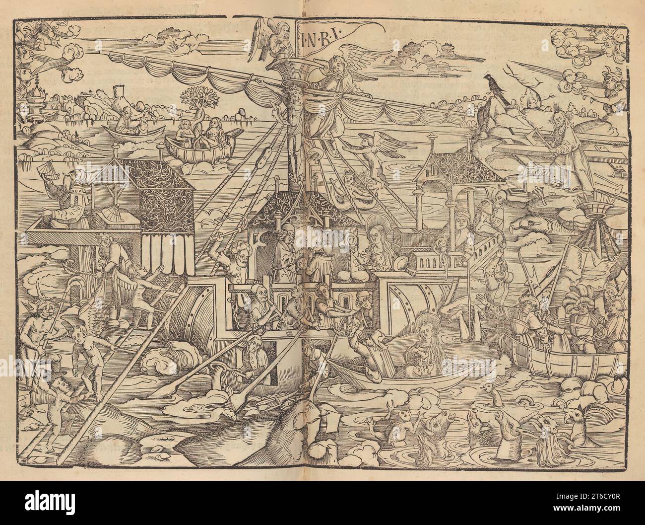 Le navire du Salut, 1512. Christ est crucifié sur le mât d'un voilier. Autour de lui se trouvent des représentations d'autres épisodes de la Bible. Illustration tirée de "Das Schiff des Heils Auf das aller Kürtzeft hie ufs Geleget" de Johann Geiler von Kaisersberg. Banque D'Images