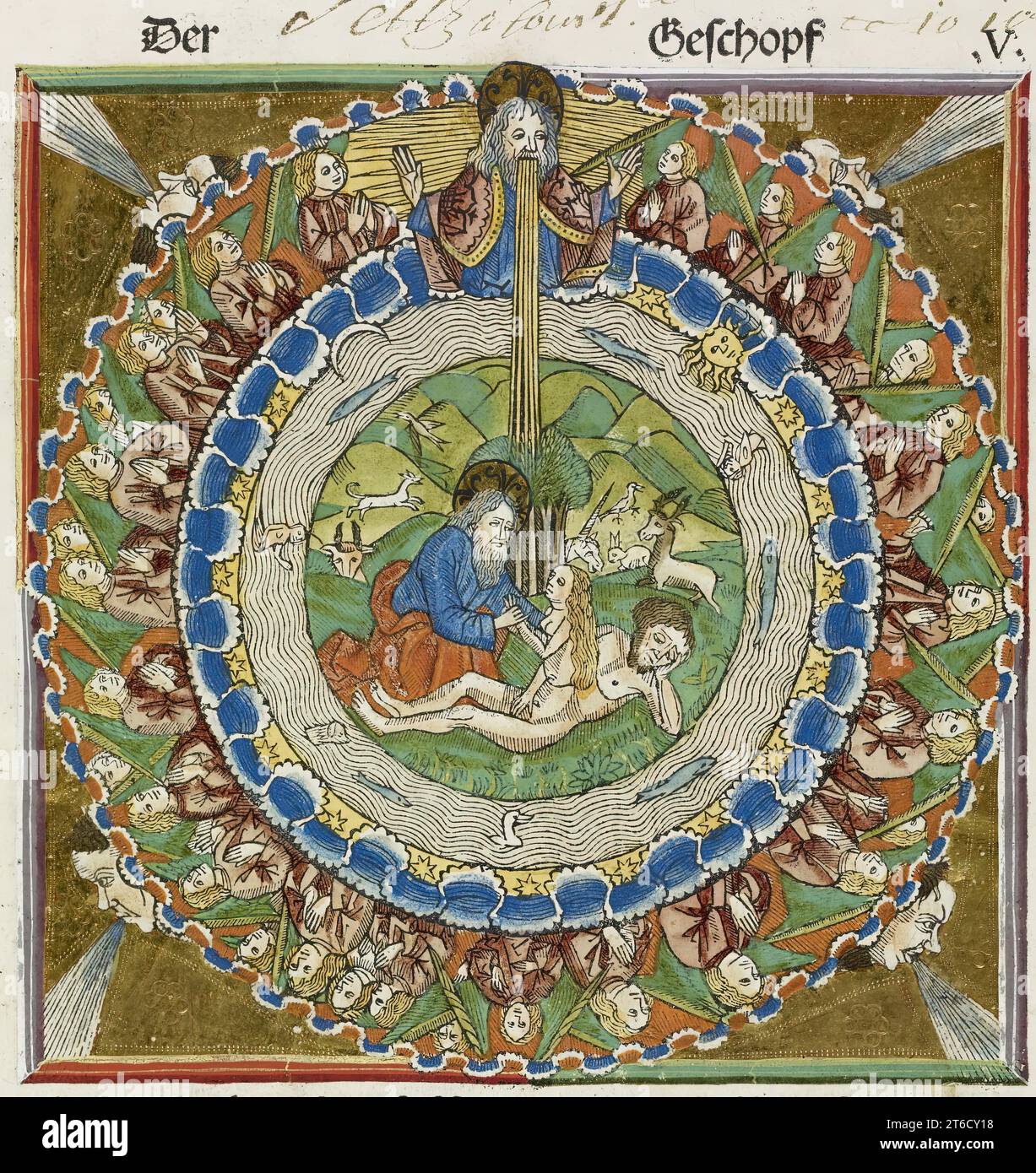 Dieu créant Eve à partir de la côte d'Adam, 1483. De Biblia. Scène biblique. Banque D'Images