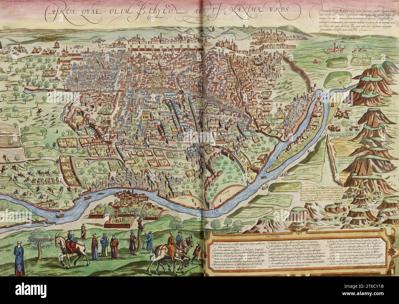 Plan du Caire, 1595. « Cairos, quae olim Babylon ; aegypti maxima urbs ». Carte du Caire, du vol. 2 des Atlas composites Mercator/Braun et Hogenburg/Blaeu. Notez les crocodiles en bas à gauche et les pyramides à droite. Banque D'Images