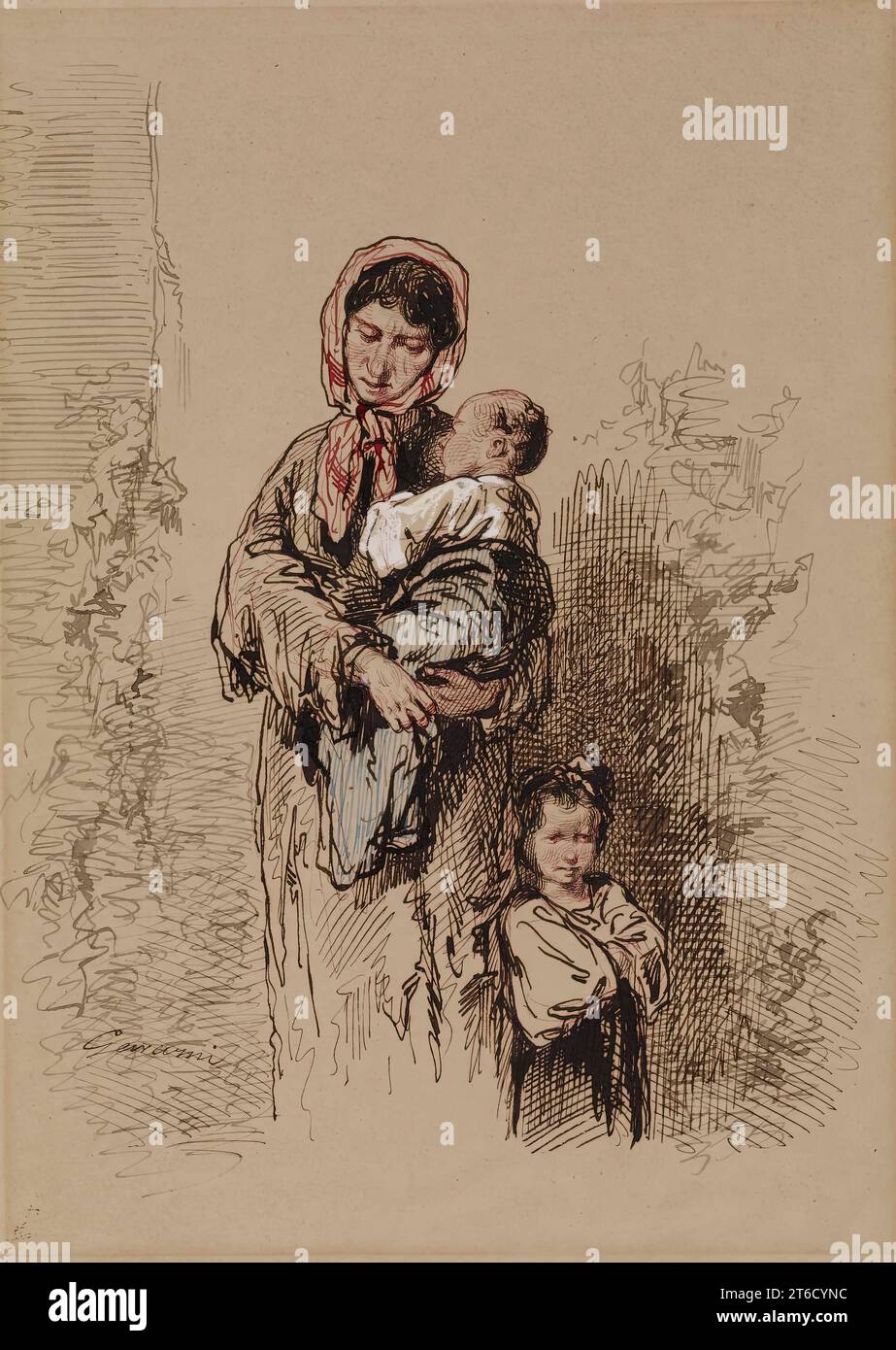Femme paysanne avec deux jeunes enfants, 1852-1866. Banque D'Images