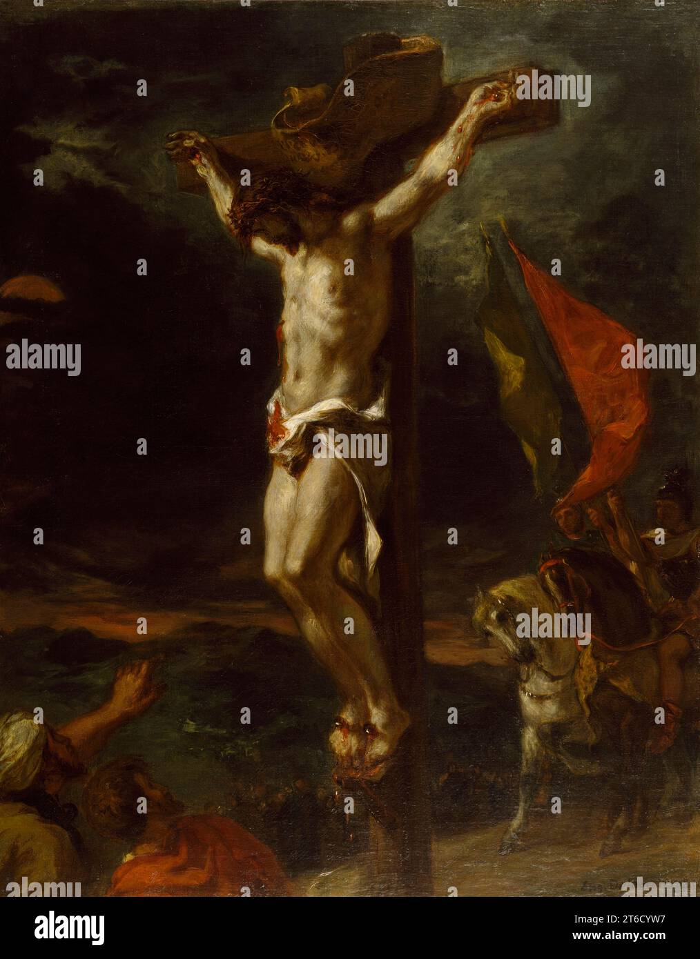 Christ sur la Croix, 1846. Le Christ mourant se dessine brusquement contre le ciel sombre. Un couple de spectateurs gestuels apparaissent à gauche, et à droite, deux soldats romains montés avec des bannières. D'autres spectateurs sont visibles au milieu du sol. Bien qu'il ne soit pas chrétien pratiquant, Delacroix peint un certain nombre de sujets du Nouveau Testament. Évidemment, il était attiré par le drame de la passion du Christ et s'efforçait de traiter des questions de foi personnelle soulevées par la nature humaine et divine du Christ. Lorsque cette œuvre est exposée au salon de Paris en 1847, la critique s'enthousiasme Banque D'Images