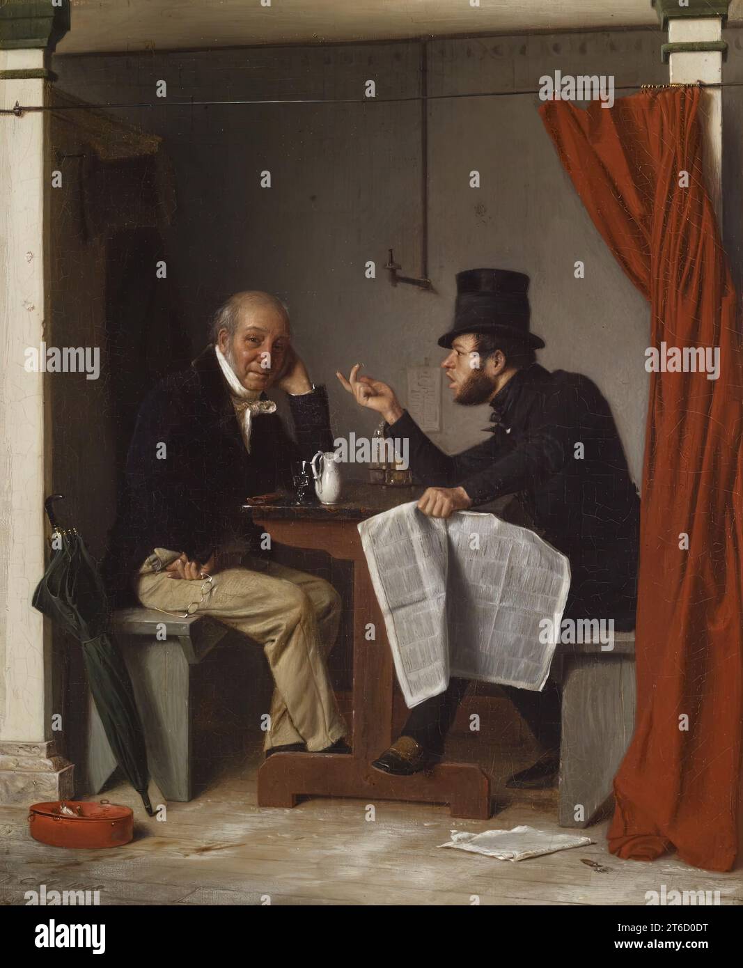 La politique dans une maison d'huîtres, 1848. Après leur repas, le plus jeune des deux personnages, barbu et portant son chapeau haut-de-forme à l'intérieur, se penche sur la table, comptant les arguments sur les doigts d'une main et agrippant le journal qui alimente ses opinions dans l'autre. L'homme plus âgé, calomnieux, aux visages roux, réchauffé par la liqueur dans son verre à moitié vide, regarde avec amusement le spectateur. La cabine dans laquelle ils sont assis, avec son rideau d'intimité rouge tiré sur le côté, crée une scène peu profonde avant-scène pour cette scène de dispute intergénérationnelle. Les personnages sont engagés avec le p Banque D'Images