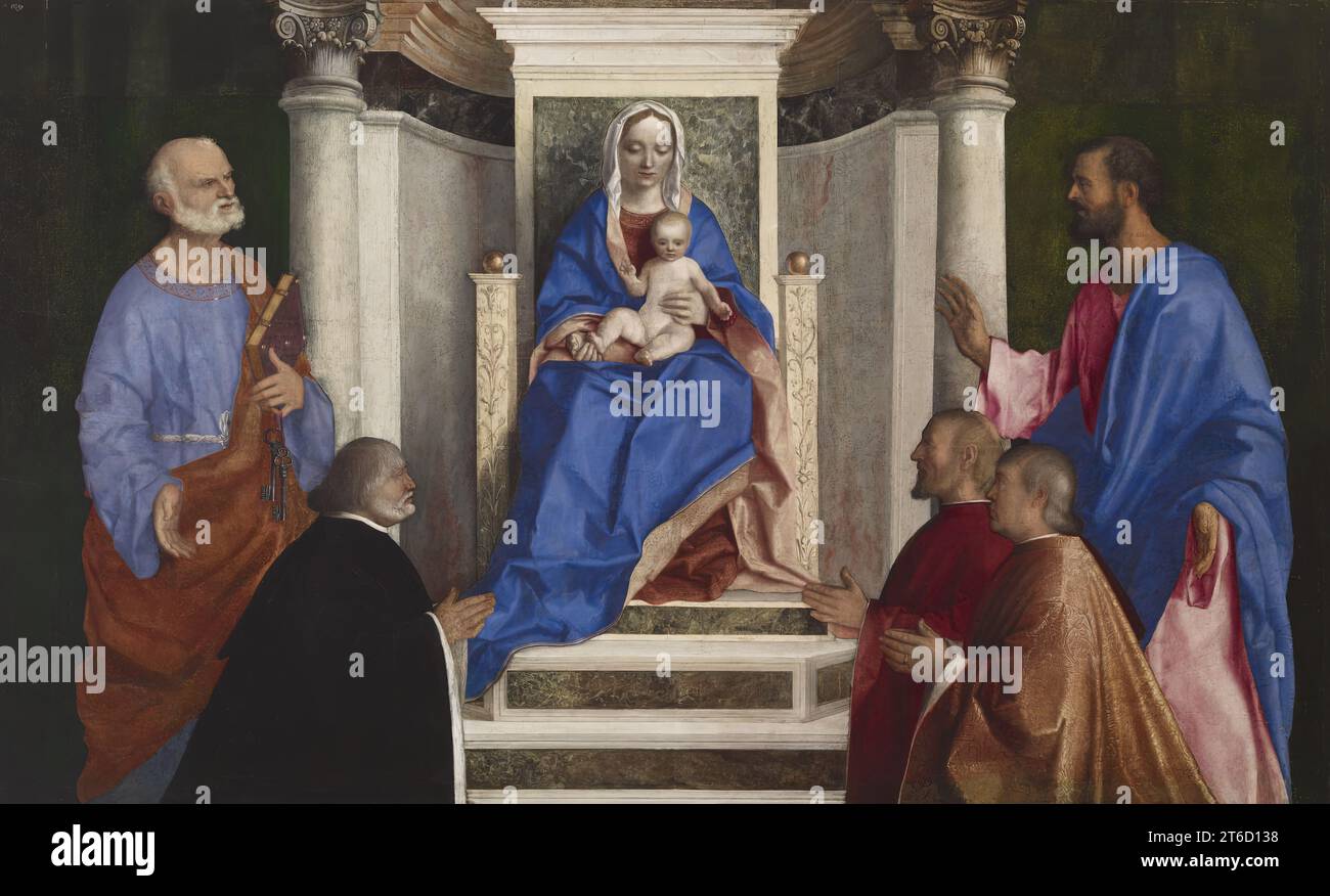 Madone et enfant avec les saints Pierre et Marc et trois procureurs vénitiens, 1510. Banque D'Images
