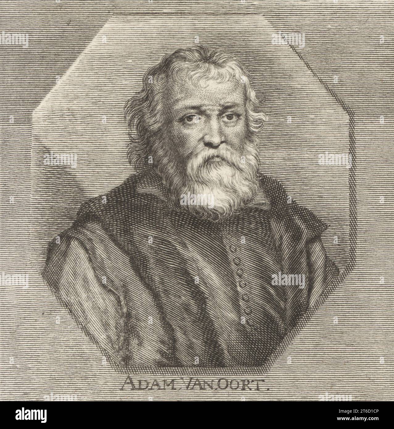 Adam van Noort, peintre et dessinateur flamand et l'un des professeurs de Pierre Paul Rubens, vers 1561-1641. Adam van Oort. Gravure sur cuivre de Johann Georg Waldreich d'après une illustration de Joachim von Sandrart tirée de sa LAcademia Todesca, della Architectura, Scultura & Pittura, oder Teutsche Academie, der Edlen Bau- Bild- und Mahlerey-Kunste, Académie allemande d'architecture, de sculpture et de peinture, Jacob von Sandrart, Nuremberg, 1675. Banque D'Images