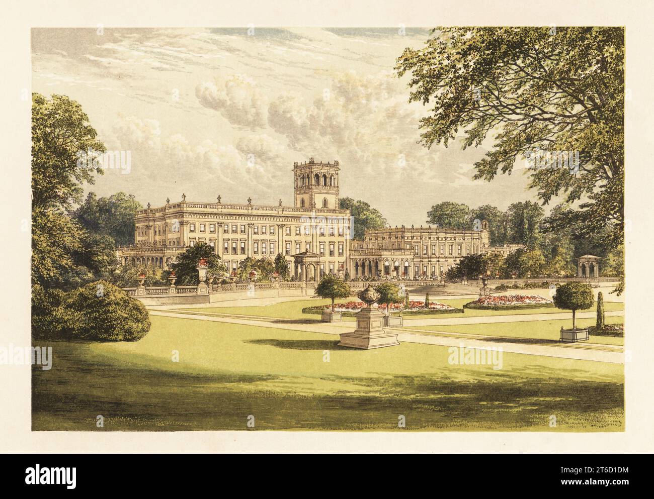 Trentham Hall, Staffordshire, Angleterre. Maison italienne conçue par Charles Barry construite de 1833 à 1842 dans un parc paysagé par Lancelot Capability Brown au 18e siècle. Bloc de bois de couleur de Benjamin Fawcett dans le procédé Baxter d'une illustration d'Alexander Francis Lydon du révérend Francis Orpen Morriss vues pittoresques des sièges des nobles et des gentlemen de Grande-Bretagne et d'Irlande, William Mackenzie, Londres, 1880. Banque D'Images
