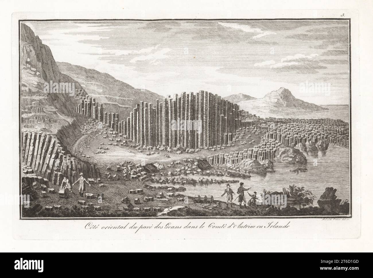 Géologues étudiant le côté est de la chaussée des géants, Antrim, Irlande du Nord. Colonnes de basalte d'une ancienne éruption volcanique fissurée. Côte orientale du pave des Geans dans le Conte d'Antrim en Irlande. Gravure sur cuivre de Gaetano Riboldi de Scipion Breislaks traite sur la structure extérieure du Globe, Traité sur la structure extérieure du Globe, Jean-Pierre Giegler, Milan, 1822. Banque D'Images