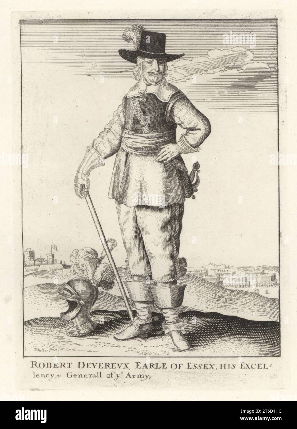 Robert Devereux, 3e comte d'Essex, général parlementaire, 1591-1646. En chapeau, col, cuirasse et gantelets à plumé, manteau de buff, bottes, armé de personnel, épée. Casque plumé au sol. D'après la rare gravure pleine longueur de Venceslaus Hollar. Gravure sur cuivre de Samuel Woodburns Gallery of rare Portraits consistant en plaques originales, George Jones, 102 St Martins Lane, Londres, 1816. Banque D'Images