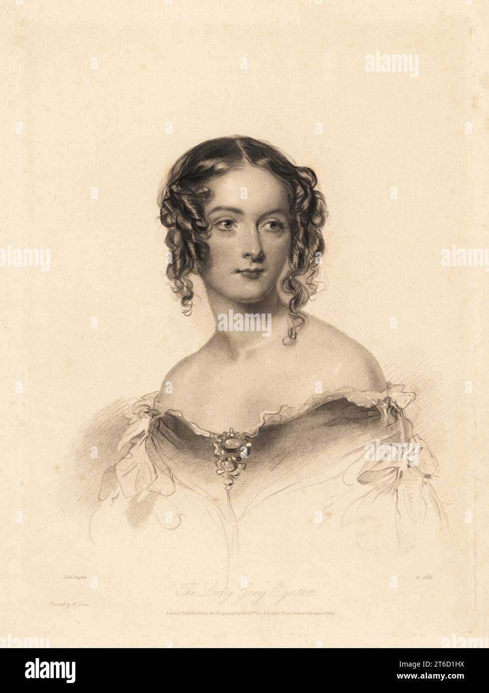 Lady Grey Egerton, peut-être Mary Anne Elizabeth Egerton, fille unique de Sir Philip Grey Egerton, 9e baronnet. Cheveux en anneaux, portant une robe off-the-épaule avec dentelle et rubans. Gravure sur acier de H. Hall d'après une illustration de John Hayter de Charles Heaths English Pearls, ou Portraits pour le boudoir, Tilt and bogue, Londres, 1843. Banque D'Images