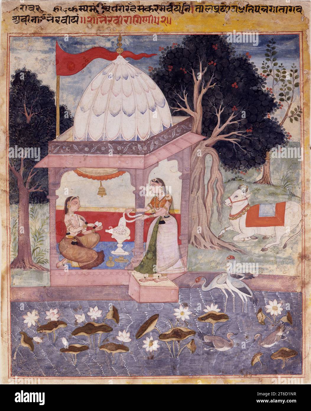 Ragini Bhairavi, 1600-1625. Les thèmes musicaux mélodiques connus sous le nom de modes ("Raga") étaient des sujets importants dans les séries de miniatures produites pour les cours régionales de l'Inde aux 17e et 19e siècles. Le nom d'un "Raga" est Bhairava - un dieu qui est aussi le seigneur de la musique. Bhairavi (épouse de Bhairava) donne son nom à une "Raga" - variation ("ragini"). Dans l'art, elle personnifie le "ragini". Elle apparaît ici adorant un sanctuaire contenant un "linga", l'emblème phallique du grand dieu Shiva. L'inscription en haut dit, "la foire et pu Banque D'Images