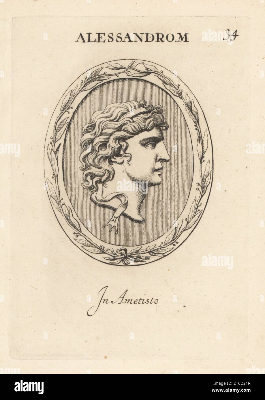 Buste d'Alexandre III de Macédoine, 356 av. J.-C. 323 av. J.-C., Alexandre le Grand, roi de l'ancien royaume grec de Macédoine. En améthyste. Alessandro Magno. En amétisto. Gravure sur cuivre de Giovanni Battista Galestruzzi d'après Leonardo Agostini de gemmae et Sculpturae Antiquae Depicti ab Leonardo Augustino Senesi, Abraham Blooteling, Amsterdam, 1685. Banque D'Images