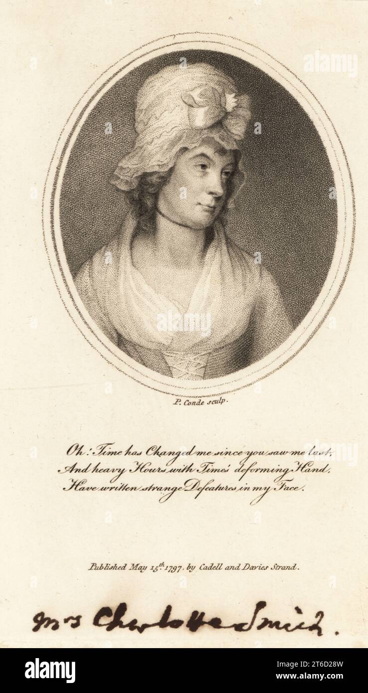 Charlotte Turner Smith (1749-1806), poète romantique anglaise et romancière gothique, auteure de Sonnets élégiaques, Emmeline ou l'orphelin du château, etc Mme Charlotte Smith. Gravure sur cuivre de P. Conde d'après un portrait de George Romney, publiée par Cadell et Davies, Strand, Londres, 1797. Banque D'Images