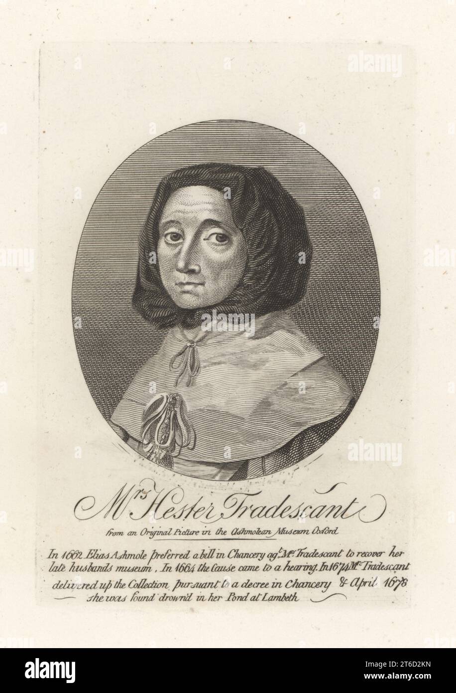 Hester Pooks Tradescant, collectionneur anglais pour le cabinet de curiosités Tradescant's Ark, c. 1608-1678. Veuve de John Tradescant le Jeune, trouvée suspectement morte dans un étang de jardin, 1678. D'après une image originale du Ashmolean Museum, Oxford. Gravé par James Caulfield. Gravure sur cuivre de Samuel Woodburns Gallery of rare Portraits consistant en plaques originales, George Jones, 102 St Martins Lane, Londres, 1816. Banque D'Images