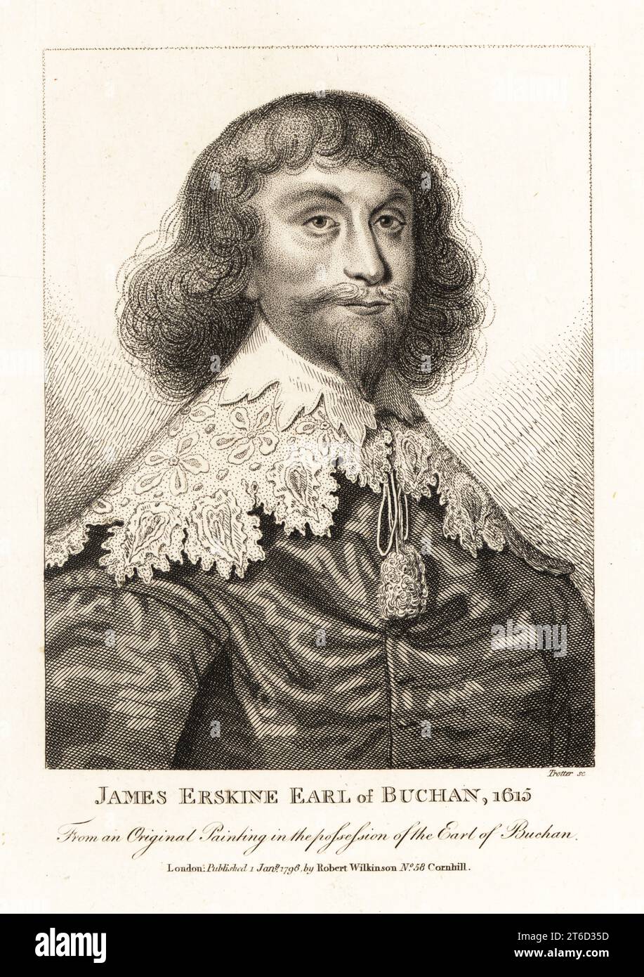 James Erskine, 6e comte de Buchan, courtisan, 1615. Avec cheveux longs, barbe Van Dyke, large col en dentelle sur doublet. Fils aîné de John Erskine, comte de Mar, et de Marie Stewart, fille du duc de Lennox. Mort en 1640. D'après une peinture originale en possession du comte de Buchan. Gravure sur cuivre de Thomas Trotter de John Smiths Iconographia Scotica, ou portraits d'illustres personnages d'Écosse, Robert Wilkinson, 58 Cornhill, Londres, 1798. Banque D'Images