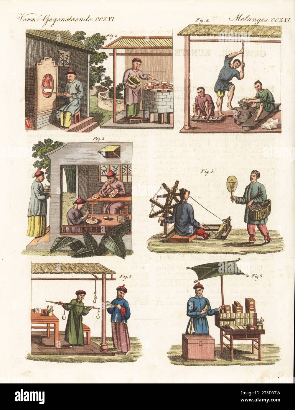 Métiers chinois, dynastie Qing, années 1800 Porcelainiers faisant cuire de la poterie 1, potiers à une roue 2, artistes peignant des plaques 3, tourneuse de soie et couturière 4, grande peseuse ou aciérie 5 et libraire itinérant 6. Copie d'illustrations d'Antoine Cardon dans la Chine en miniature de Jean Baptiste Joseph Breton, 1811. Gravure sur cuivre colorée à la main de Carl Bertuch's Bilderbuch fur Kinder (Livre d'images pour enfants), Weimar, 1815. Banque D'Images