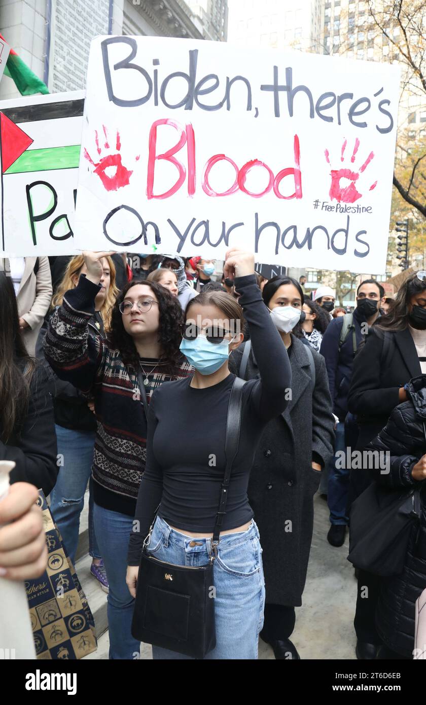 New York, New York, États-Unis. 9 novembre 2023. Des manifestants pro palestiniens vus lors du ''˜Schools Out for Ceasez Fire Now'', sortie de l'école et rassemblement organisé à Bryant Park. (Image de crédit : © Nancy Kaszerman/ZUMA Press Wire) USAGE ÉDITORIAL SEULEMENT! Non destiné à UN USAGE commercial ! Banque D'Images