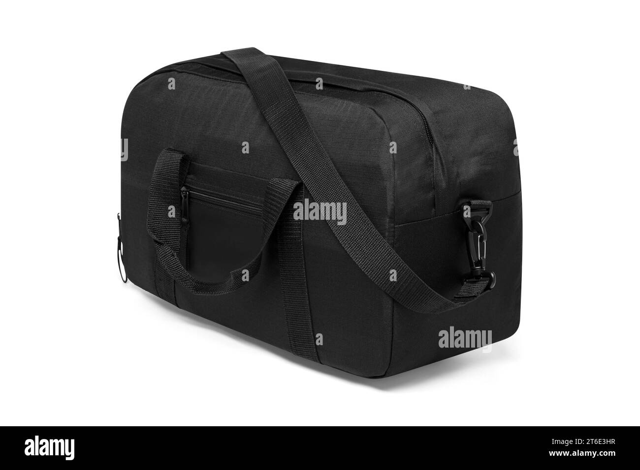 close up noir outdoor tendance sports personnalisé sac bandoulière en nylon duffle gym sacs de voyage pour hommes femmes isolé sur fond blanc. vue de dessus Banque D'Images