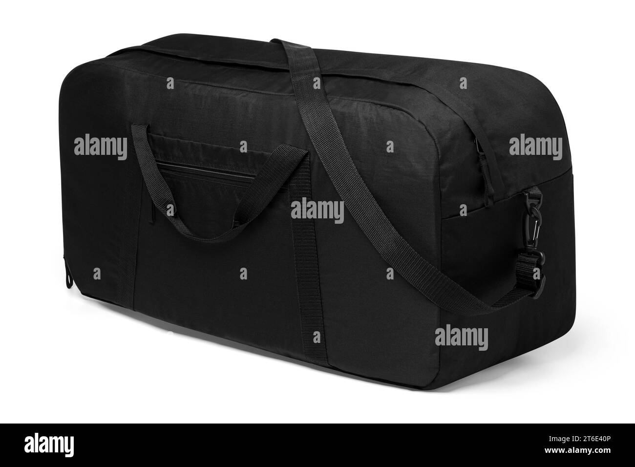 close up noir outdoor tendance sports personnalisé sac bandoulière en nylon duffle gym sacs de voyage pour hommes femmes isolé sur fond blanc. vue de dessus Banque D'Images