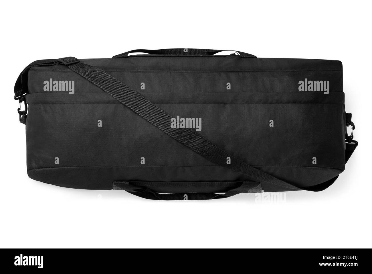 close up noir outdoor tendance sports personnalisé sac bandoulière en nylon duffle gym sacs de voyage pour hommes femmes isolé sur fond blanc. vue de dessus Banque D'Images
