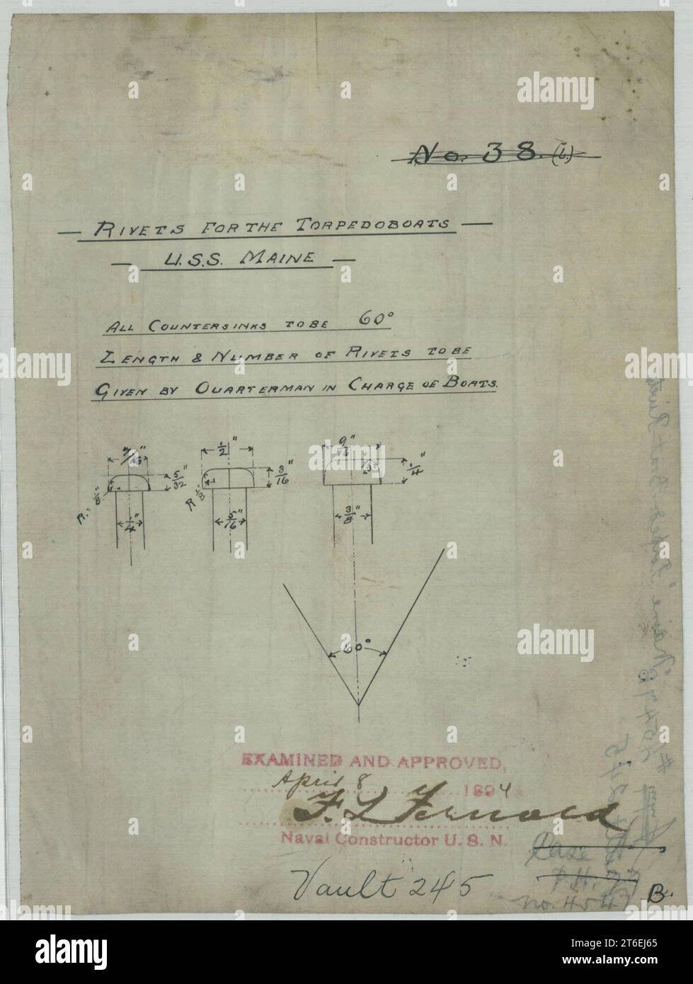 USS Maine (ACR-1)- rivets pour les Torpedo Boats, feuille 1 Banque D'Images