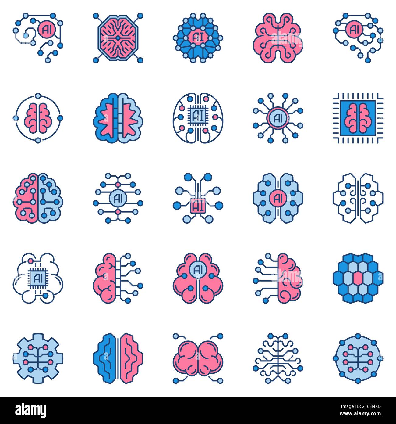 Collection d'icônes colorées du cerveau d'intelligence artificielle. Signes conceptuels Vector IA ou machine learning. Symboles modernes Cyberbrain Illustration de Vecteur