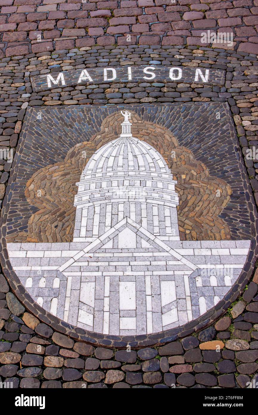 Madison, USA, armoiries des villes jumelles comme mosaïque devant l'ancien hôtel de ville, Rathausplatz, Altstadt, Freiburg im Breisgau Banque D'Images