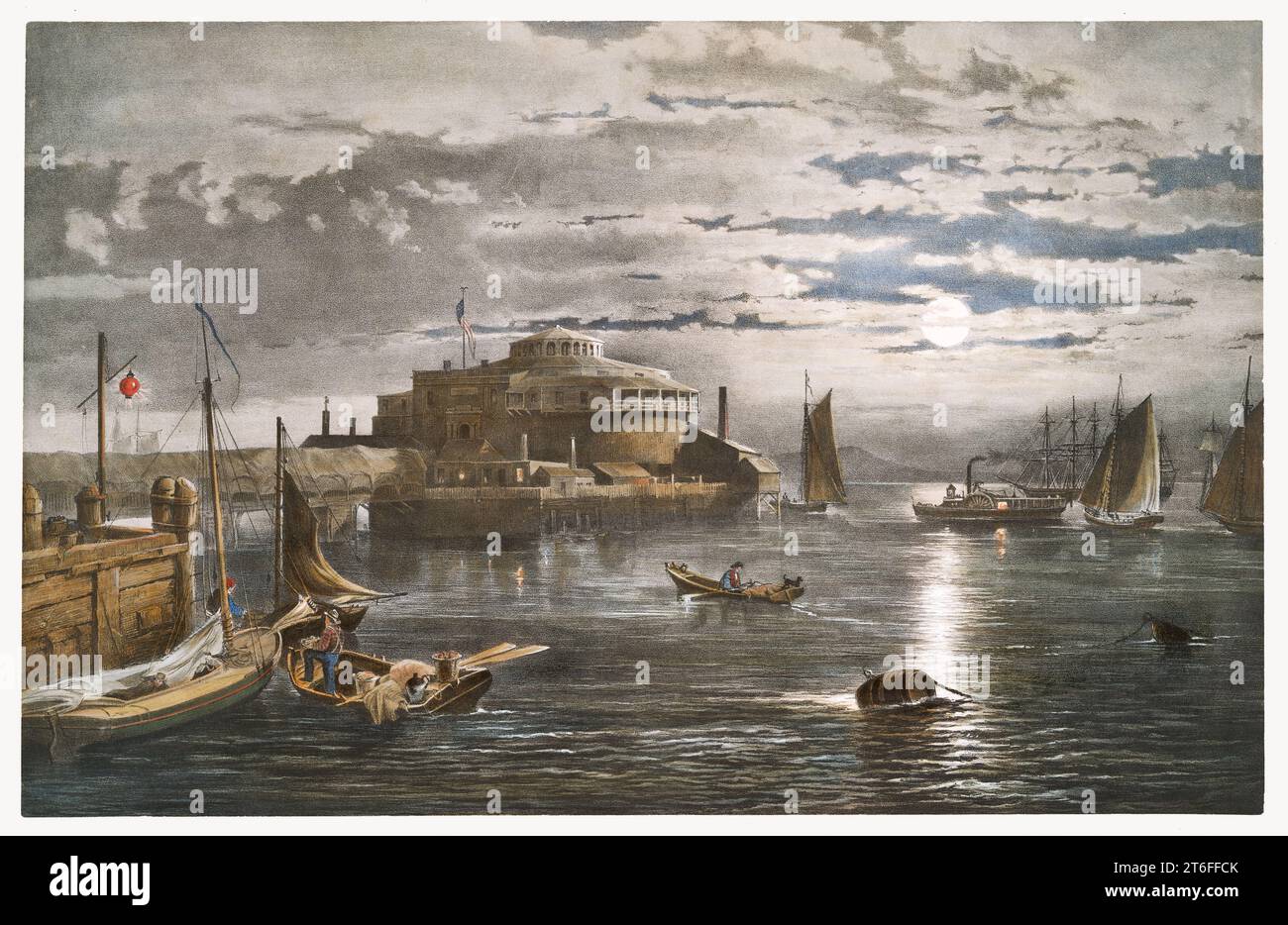 Vue ancienne sur Castle Garden la nuit, New York. Par Cropsey, publ. en 1859 Banque D'Images