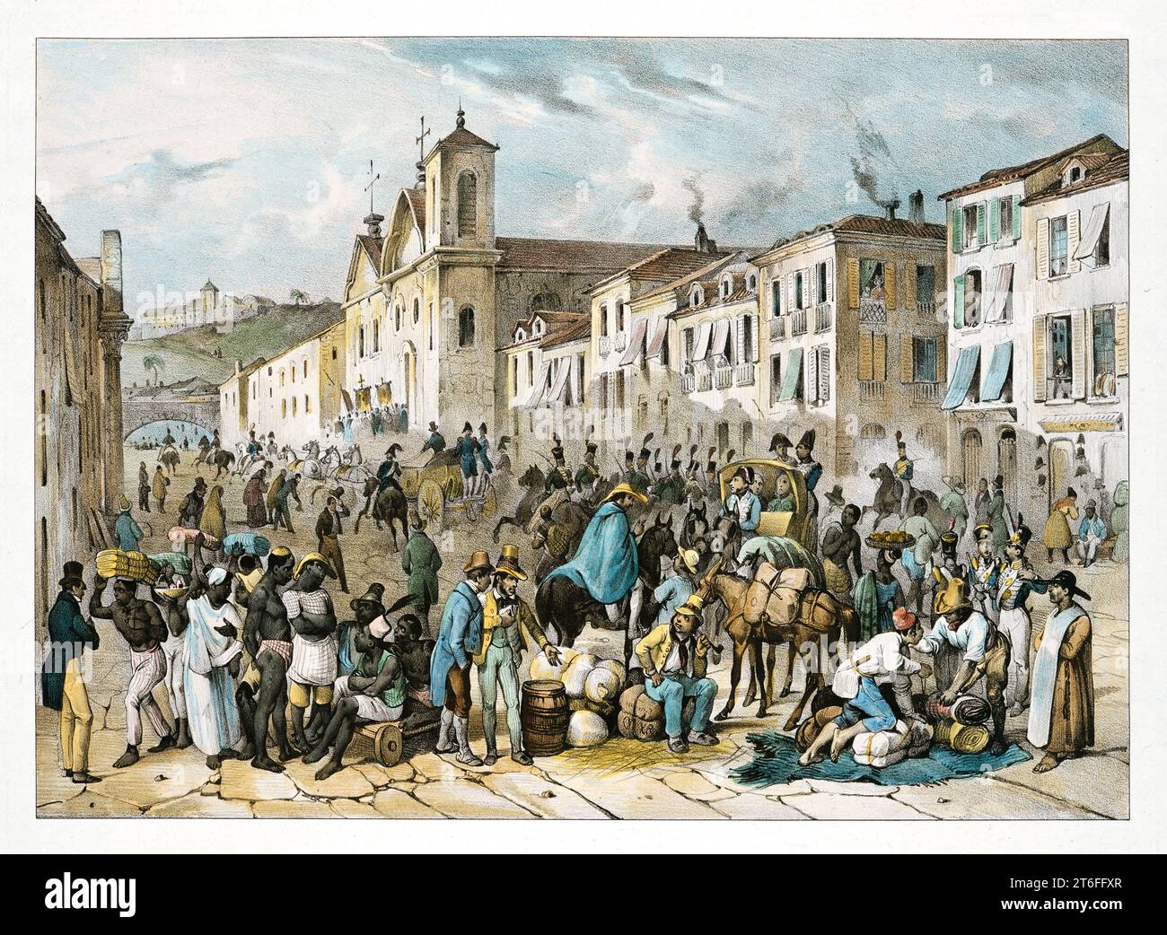 Vue ancienne de la rue droite à Riuo de Janeiro, Brésil. Par J.M. Rugendas, publ. en 1835 Banque D'Images