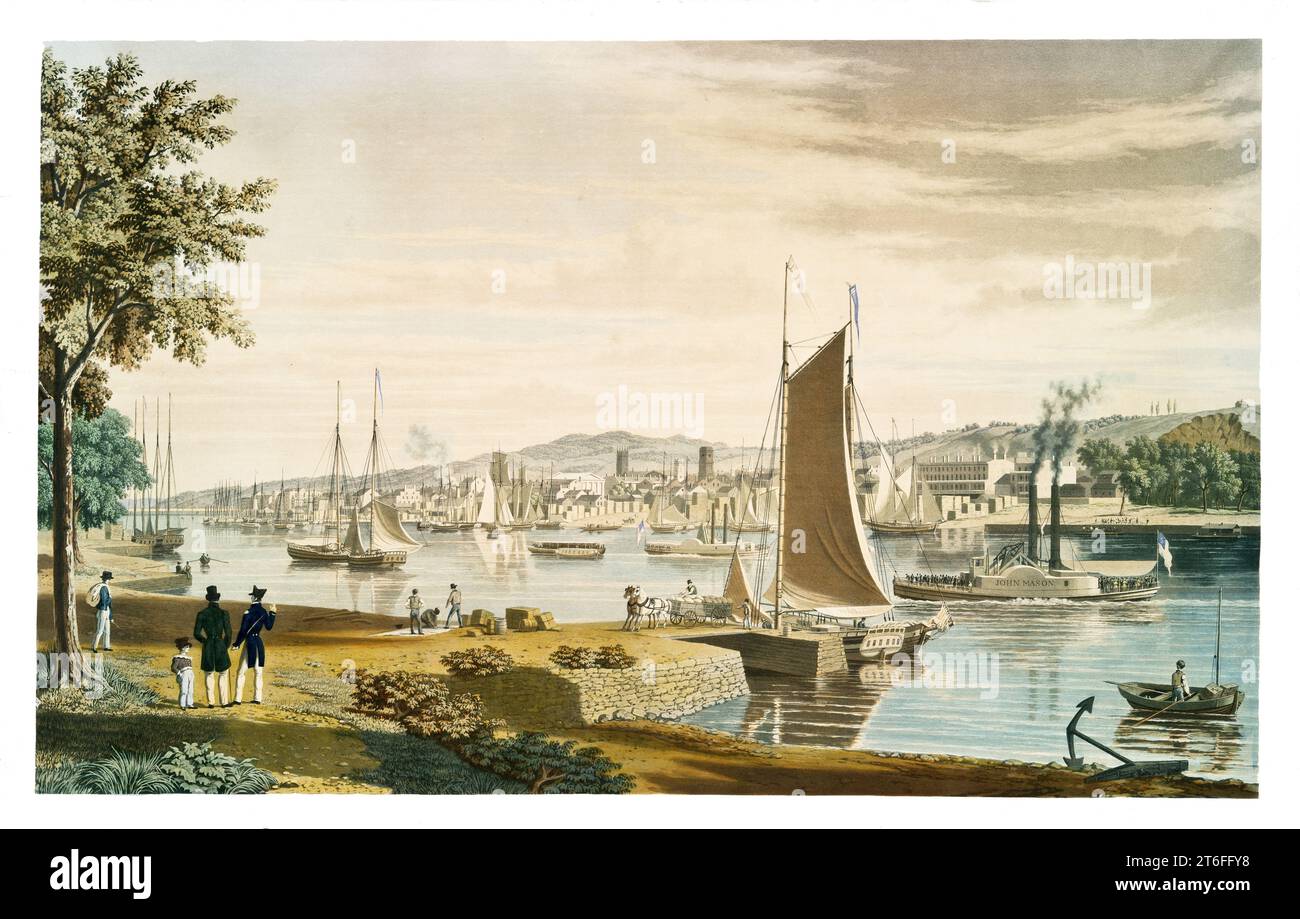 Vue ancienne de Troie le long de la rivière Hudson, état de New York. Par W.J. Bennet, publ. À New York, 1838 Banque D'Images